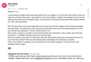Google review showing customer complaint about service with owner response