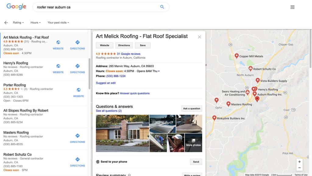 Google search results for roofing contractors near Auburn, California