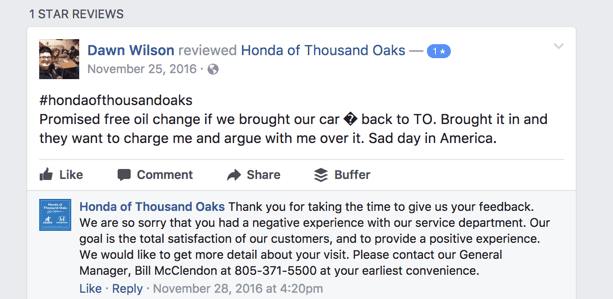 One-star Facebook review about Honda dealership oil change service with business response