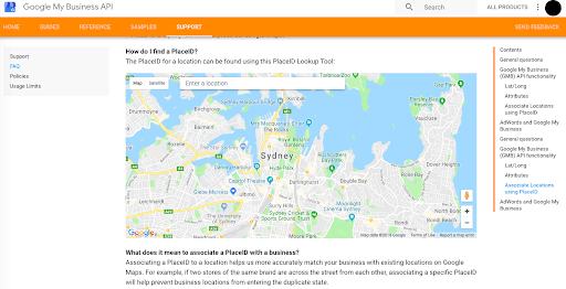 Google My Business API documentation showing location map interface