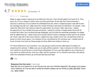 Google review at 4.7 stars with detailed customer experience and owner reply