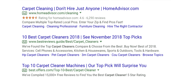 Google search results for carpet cleaning services with HomeAdvisor and reviews listings