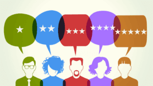 Colorful conversation bubbles with avatars displaying one to five star ratings