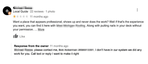 One-star Google review alleging a no-show and property damage, with the owner's reply below