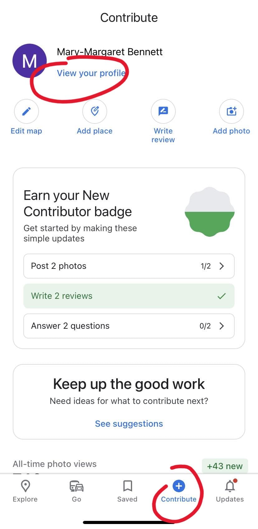Google Maps contribution profile showing user name and contribution action options