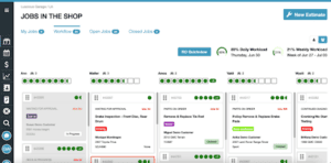 Broadly job board showing New, Waiting, Open, and Closed columns with daily and weekly workload percentages