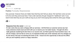 One-star Google review complains of hidden fees and being charged double for boiler repair; owner explains the charges.