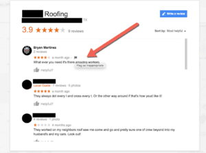 Roofing business Google profile with 3.9-star rating and customer reviews highlighted