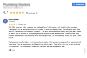 Google review describes a missed appointment later resolved with a bill discount; no owner reply is shown here.