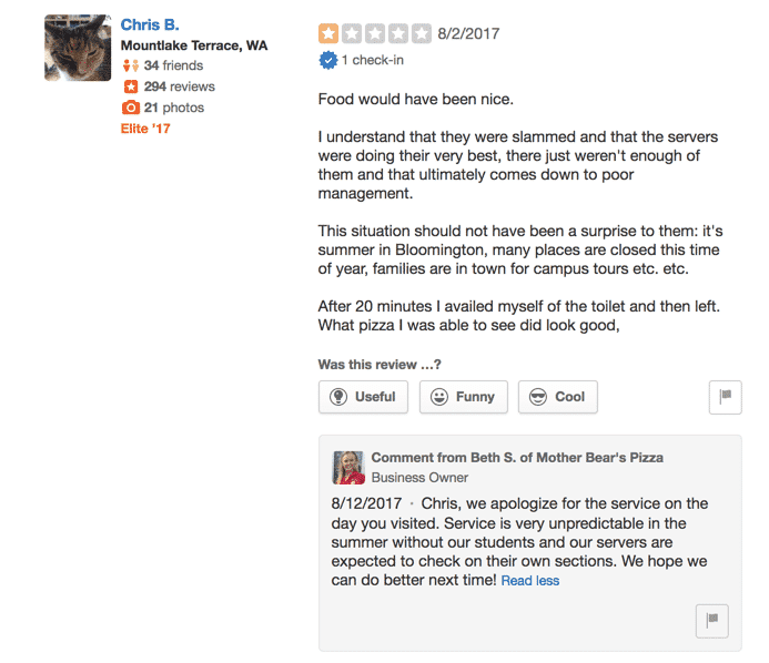 Yelp review criticizing slow, understaffed restaurant service, with the owner's reply below