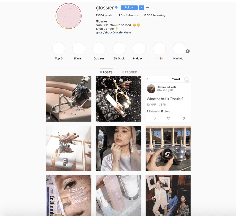 Glossier Instagram profile showing makeup and product posts