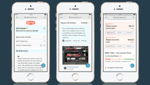 Three phone screens showing a local auto shop's app with service offers, pricing, and a deals list