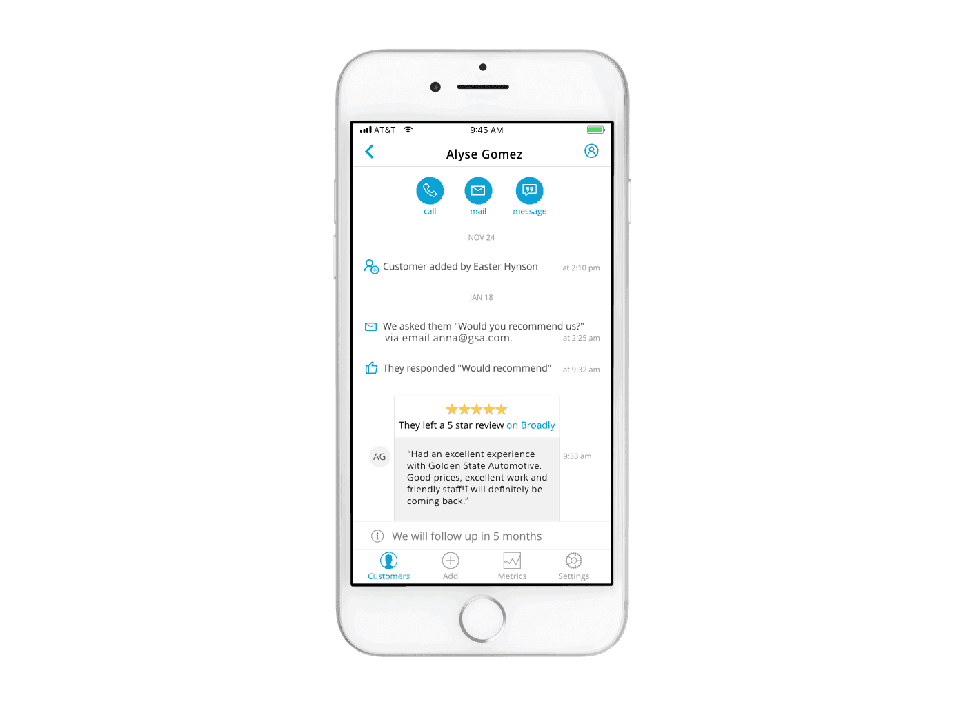 Broadly app interface displaying customer activity history and star review