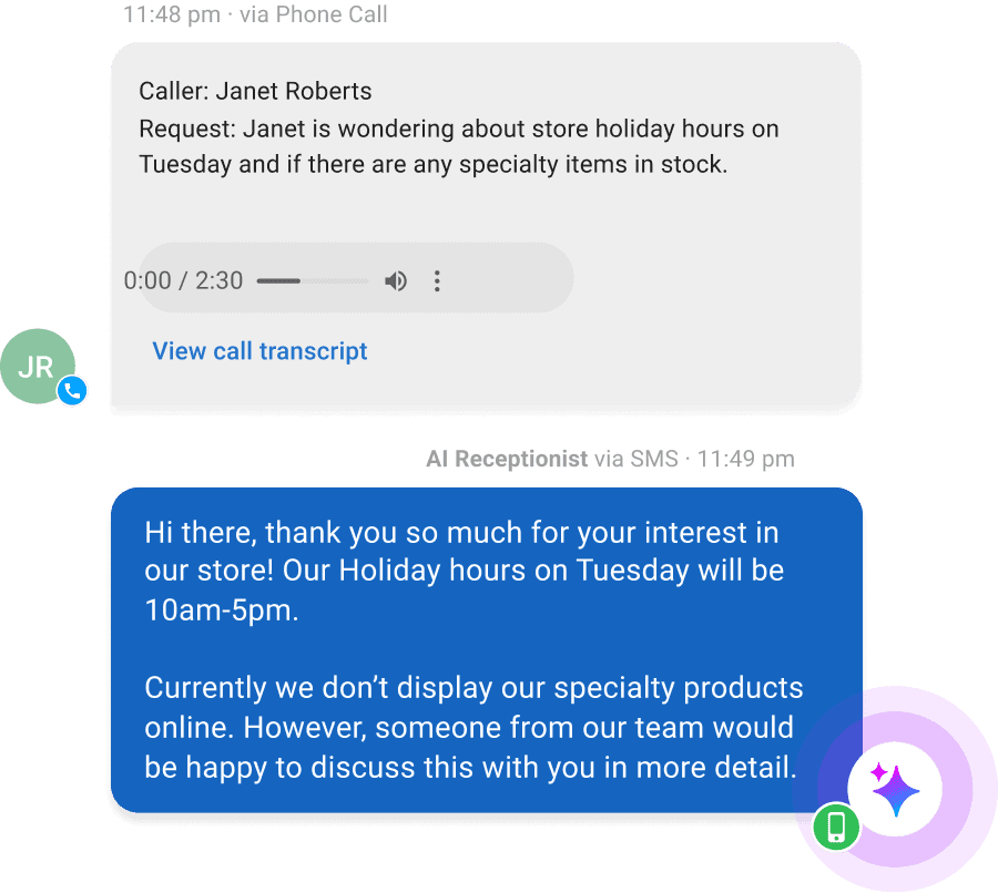 AI receptionist call from Janet Roberts asking about store hours, with transcript link and SMS response
