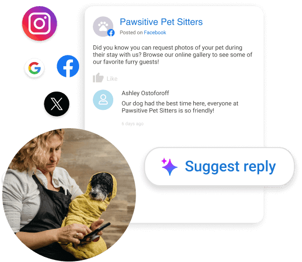 Social media engagement example showing Pawsitive Pet Sitters Facebook post with AI suggest reply feature