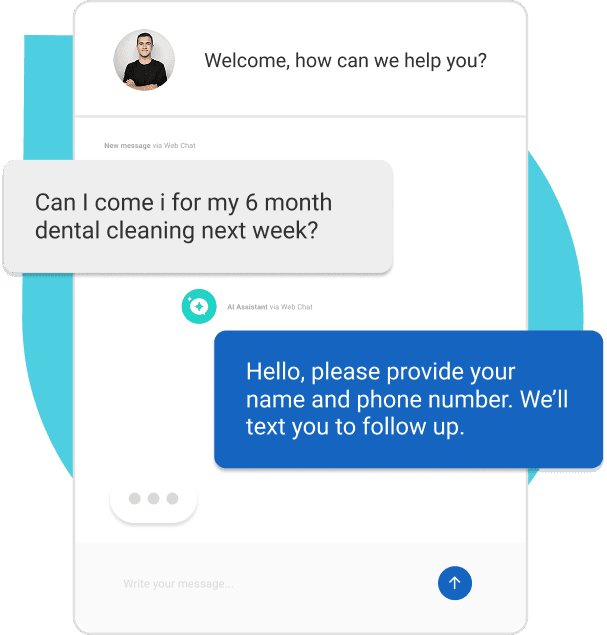 Dental practice chat showing customer asking about cleaning appointment and AI requesting contact info