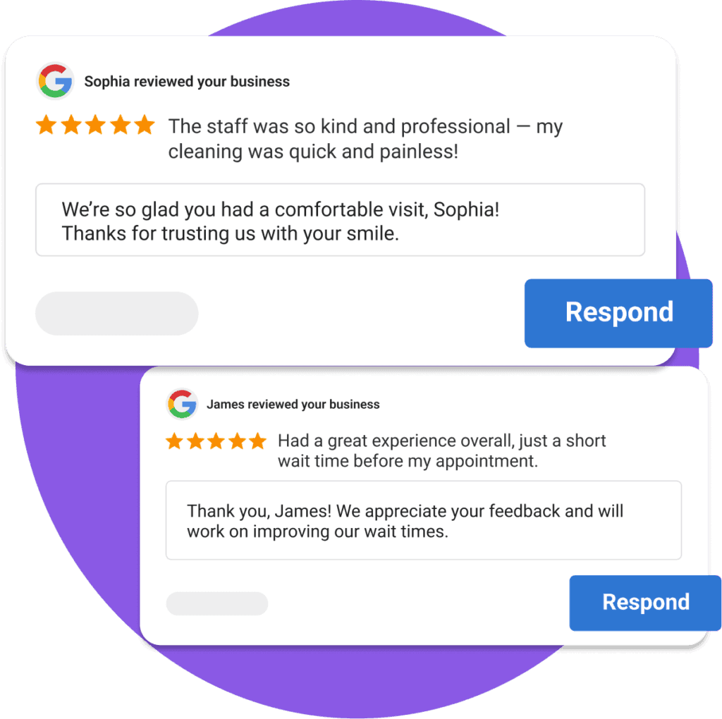 Google reviews from Sophia and James with business responses and respond buttons