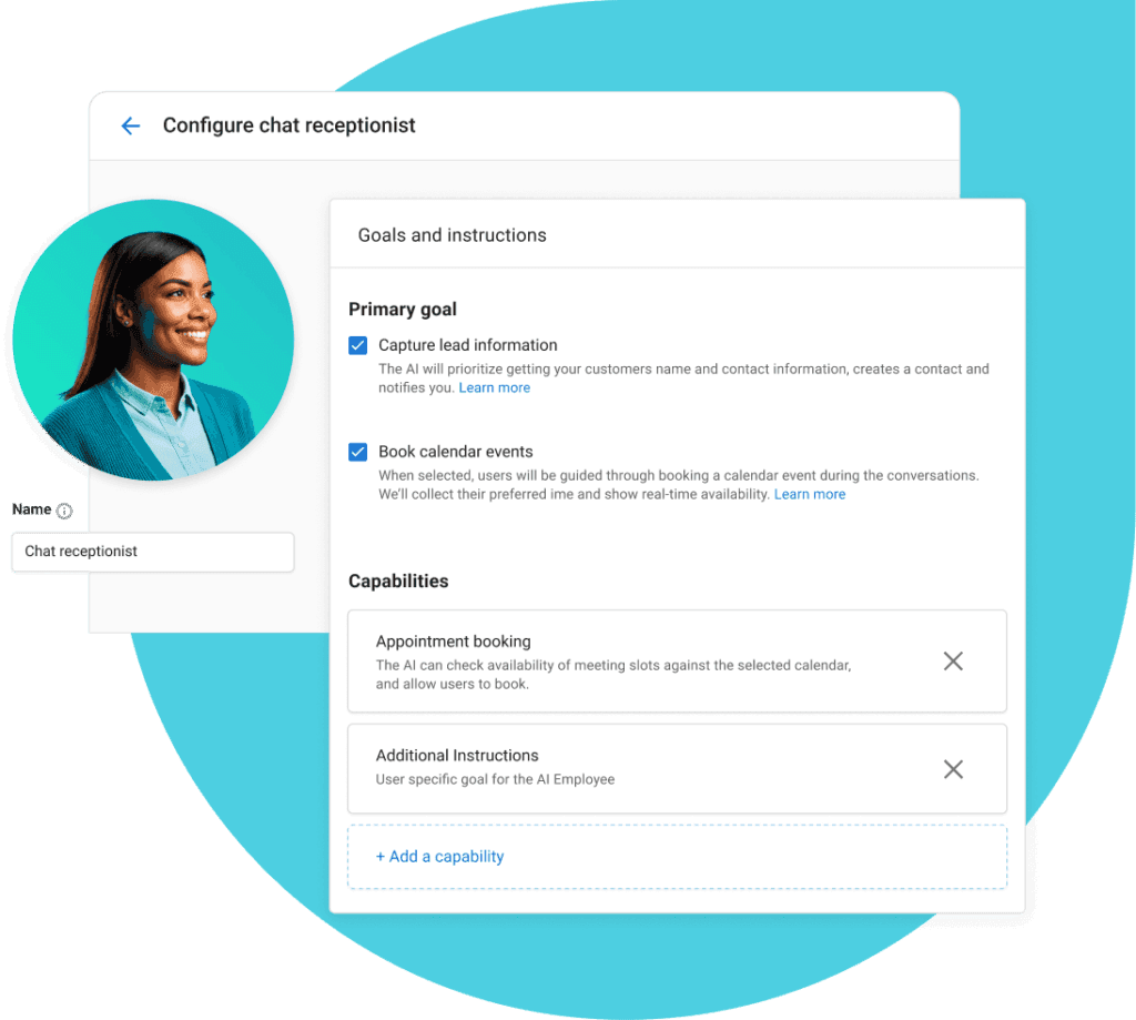 Configure chat receptionist interface showing goals, instructions, and capabilities for appointment booking