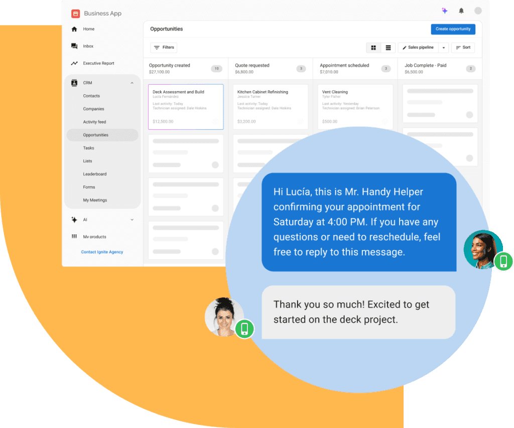 CRM Business App interface showing opportunities and customer conversations about appointment confirmation