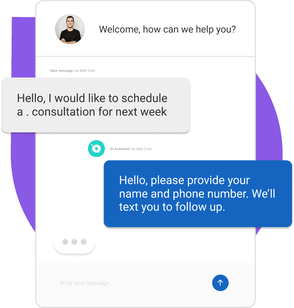 Law firm chat showing client requesting consultation appointment and AI asking for contact information