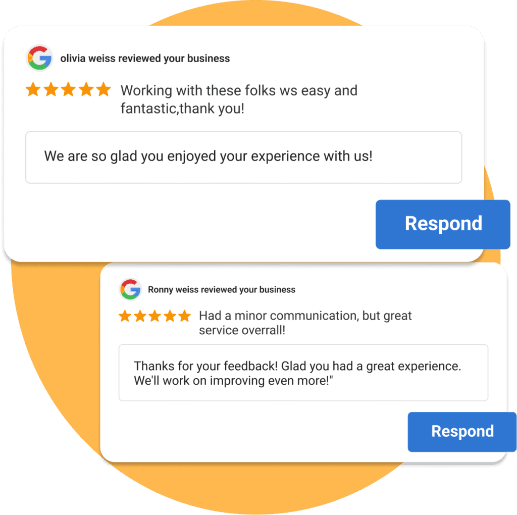 Google customer reviews with business responses displayed with blue Respond buttons