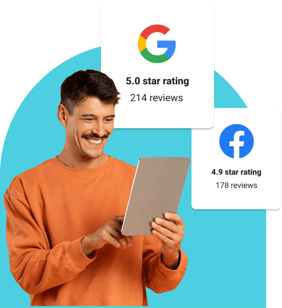 Man holding tablet with Google 5.0 star rating (214 reviews) and Facebook 4.9 star rating (178 reviews)