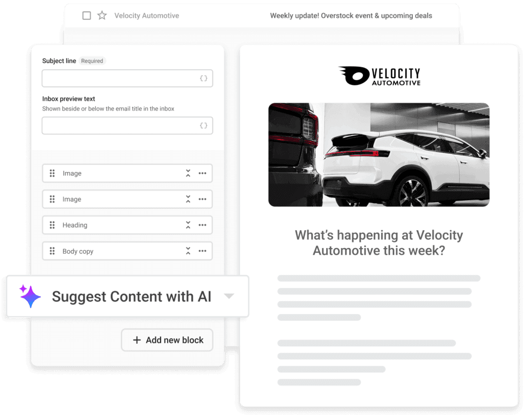 Email campaign builder with AI-powered content suggestions for automotive business event