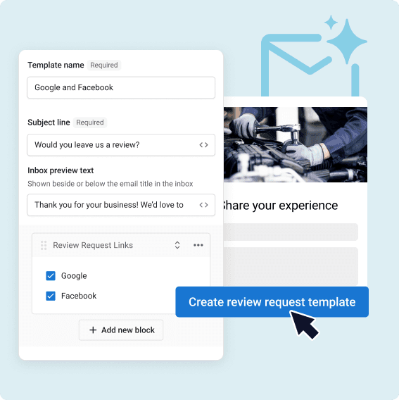 Review request template builder for Google and Facebook with subject line field and mechanic vehicle image