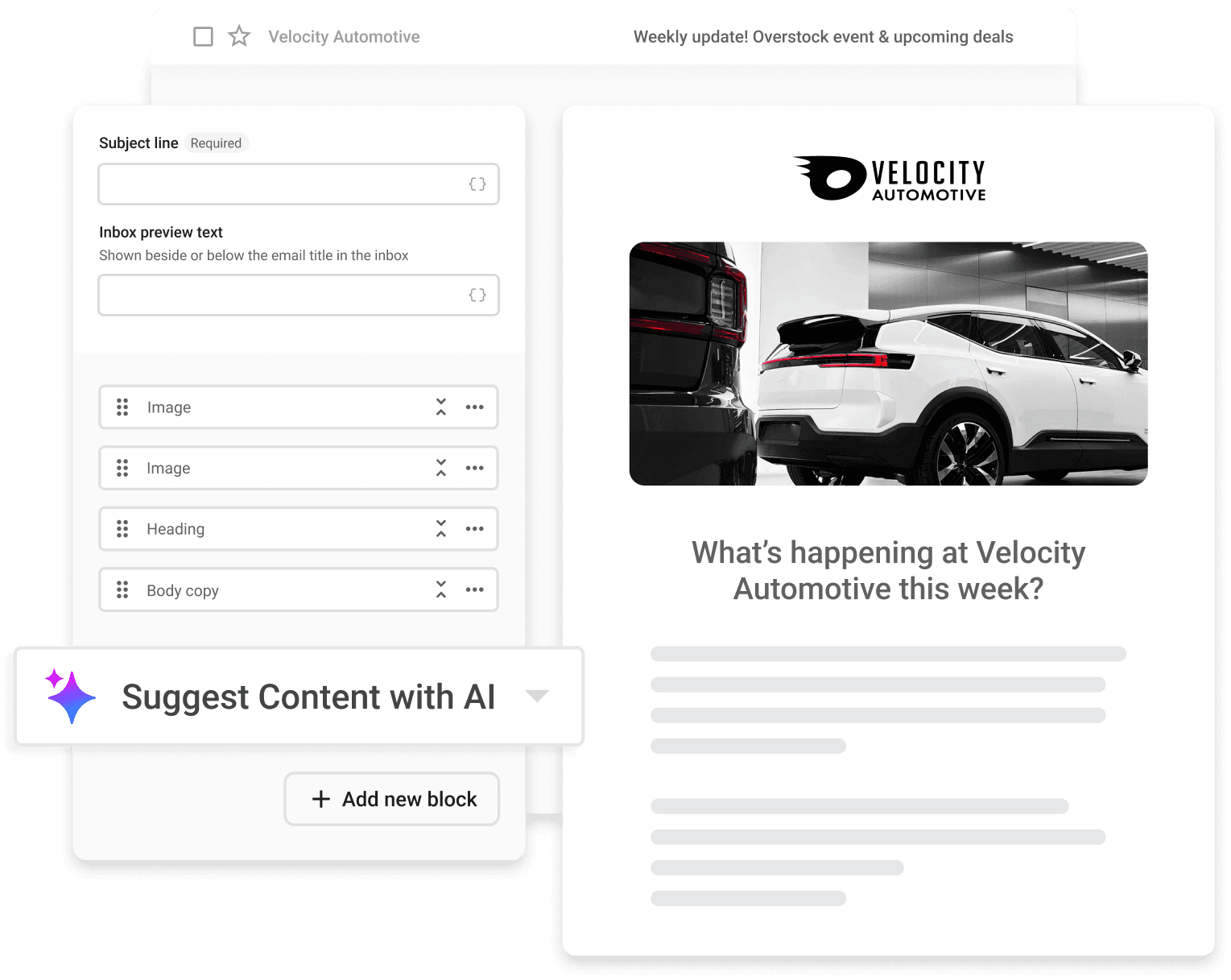Email campaign builder for automotive dealership with content blocks and preview of vehicle marketing email