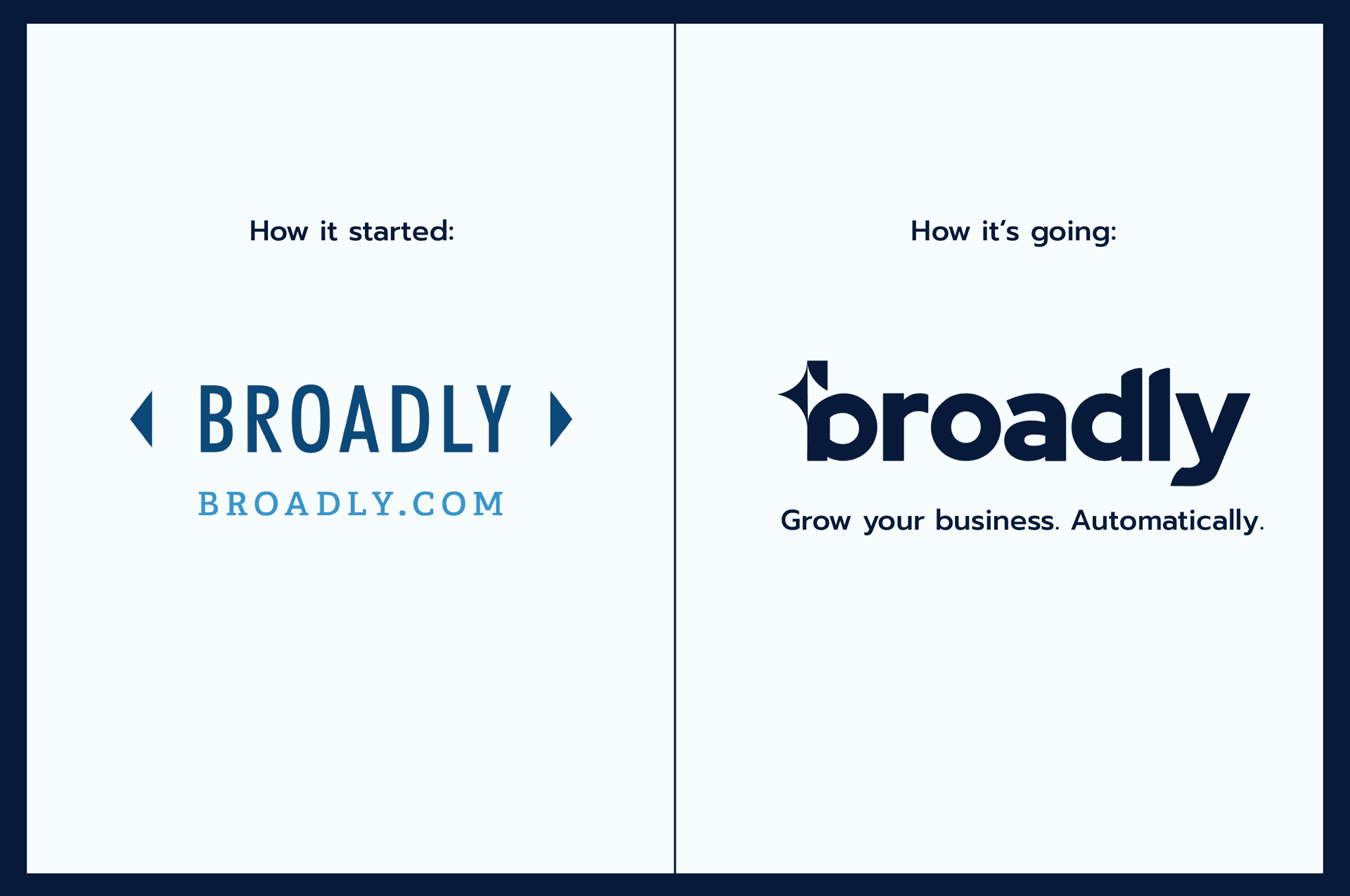 Broadly logo evolution showing previous and current branding with tagline