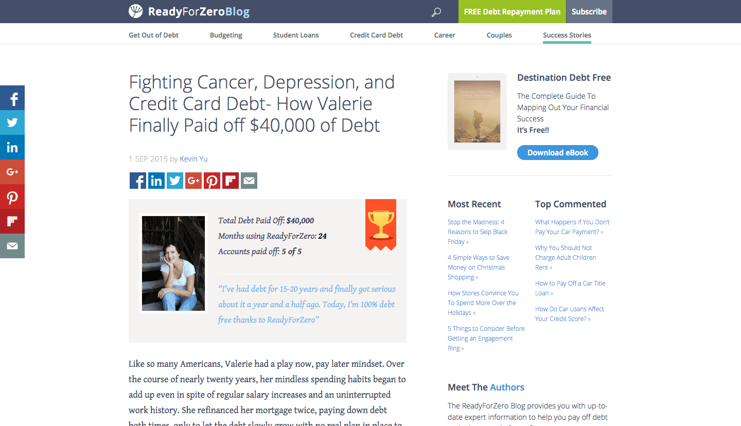 ReadyForZero blog post titled Fighting Cancer, Depression, and Credit Card Debt with customer testimonial and photo