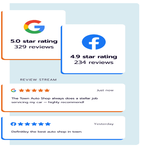 Google 5.0-star and Facebook 4.9-star ratings displayed in review stream with sample customer testimonies
