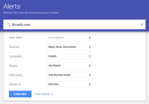 Alerts configuration panel with filter options for sources and languages