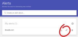 Alerts interface displaying created alert for a specific website domain