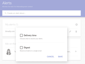 Alerts notification settings with delivery frequency and digest options
