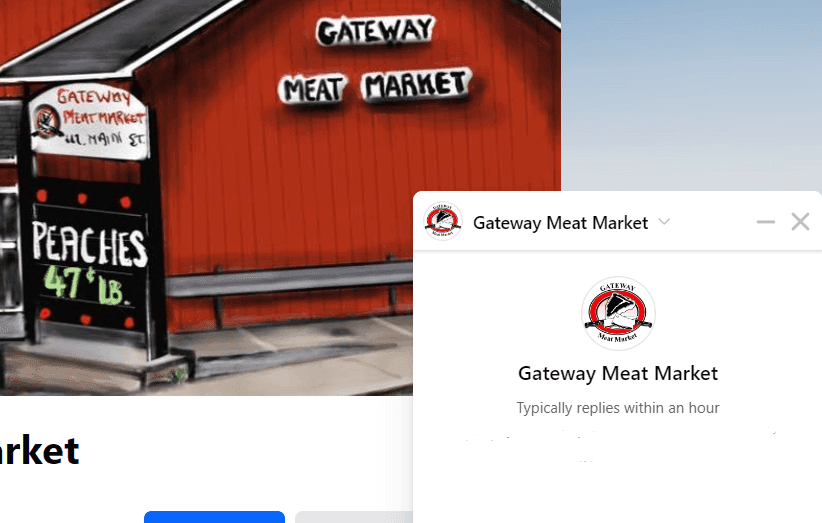 Red Gateway Meat Market storefront with business information popup showing response time