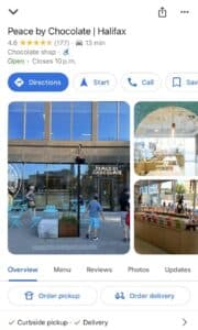 Mobile business profile showing photos, menu options, and service selections