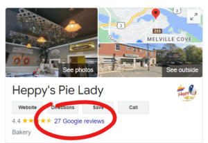 Business profile showing photos, location map, and Google reviews count