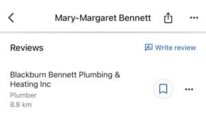 Review list entry for a plumbing business showing bookmark and more-options icons, no menu open