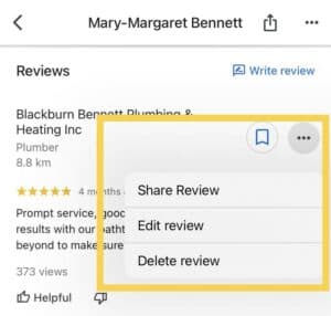 Mobile interface showing review menu with share, edit, and delete options highlighted