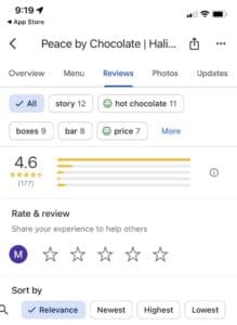 Mobile reviews interface showing star rating and sortable review filters