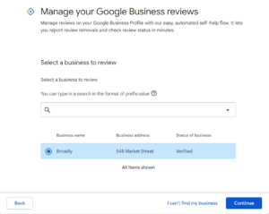 Google Business Profile interface to select business and manage reviews