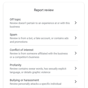 Report review menu with categories for inappropriate content