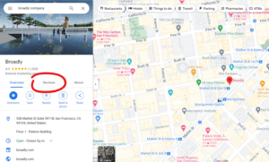 Broadly business profile map with reviews section highlighted