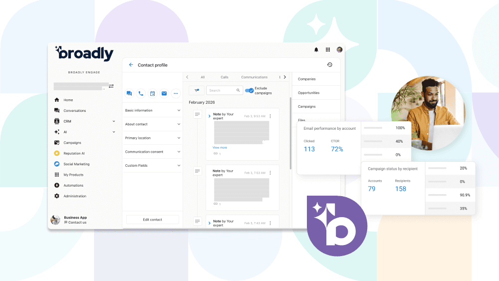 Broadly Engage contact profile with communications tabs and campaign performance metrics