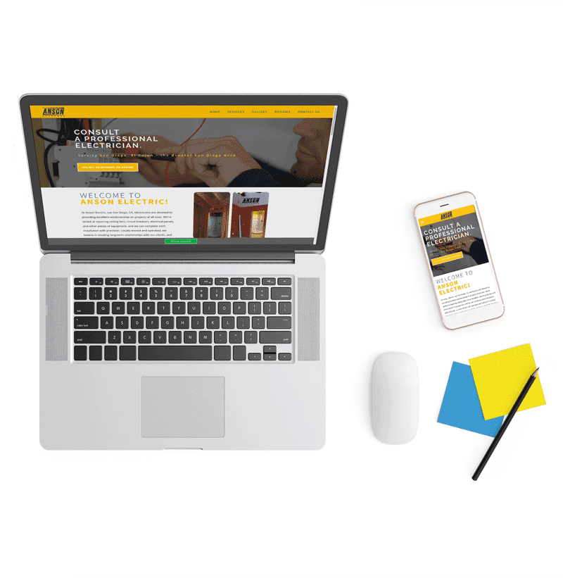 Website mockup for Anson Electric showing yellow branding with phone, mouse, and design swatches