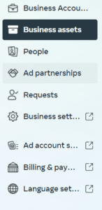 Business settings menu with options for account, assets, people, partnerships, requests, and billing management