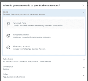 Dialog menu for adding social media, advertising, and commerce accounts to business profile