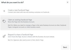 Dialog with options to create, claim, or request access to Facebook business pages