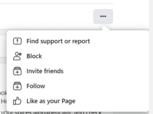 Facebook page context menu with options to report, block, invite, follow, or like as page